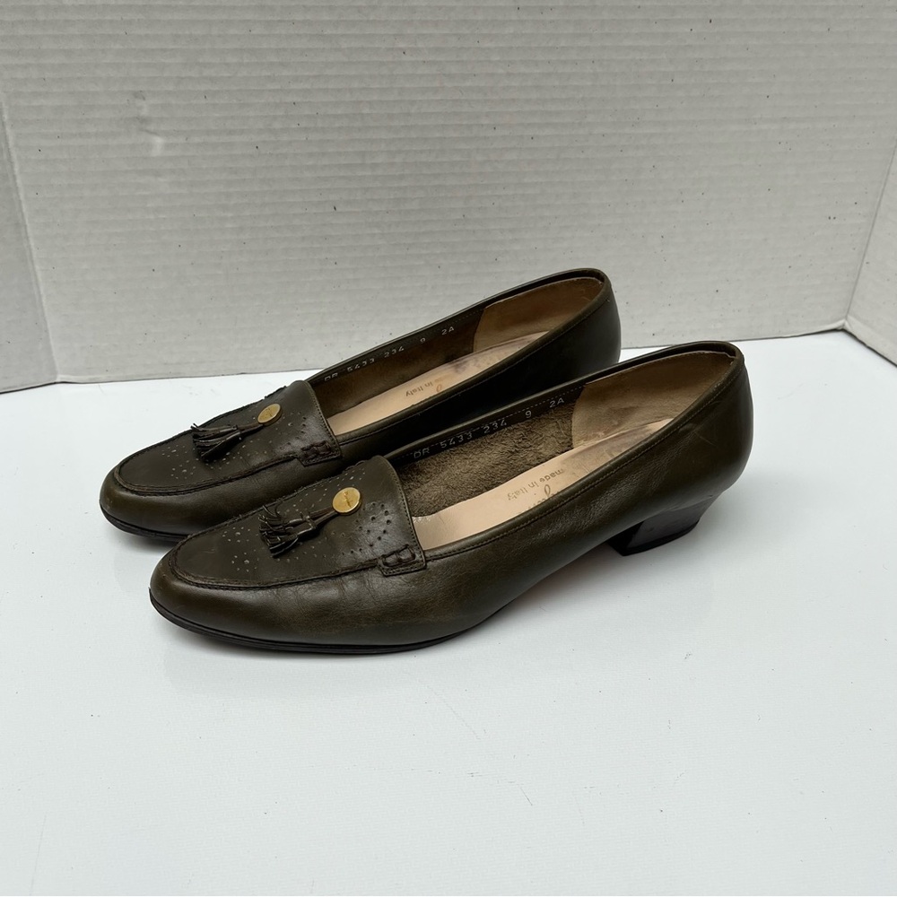 Salvatore Ferragamo Vintage Leather Tasseled Loafers, Olive Green, 9 AA